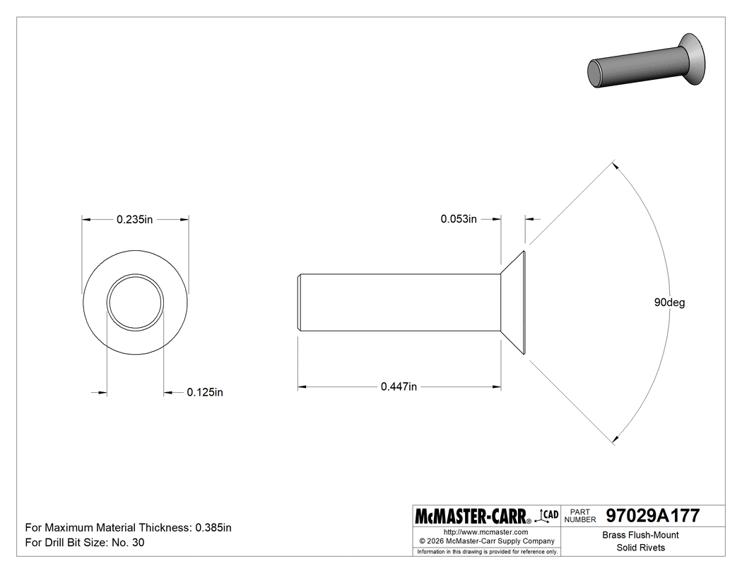 Technical Drawing of Brass Flush-Mount Solid Rivets, 1/8" Diameter, for 0.385" Maximum Material Thickness.